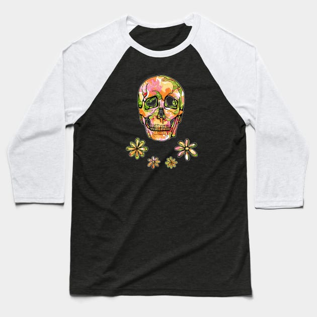 Floral skull with hippie 70s flowers Baseball T-Shirt by NadiaChevrel